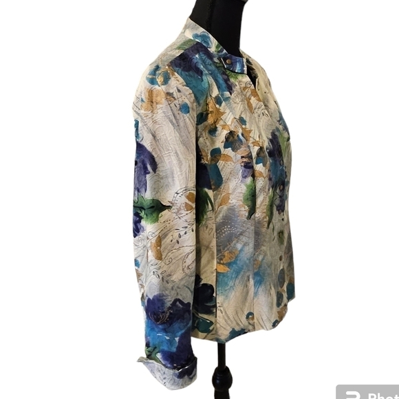 Coldwater Creek Watercolor Paint Floral Snap Up 100% Cotton Shell Jacket Size 14 - Picture 6 of 10